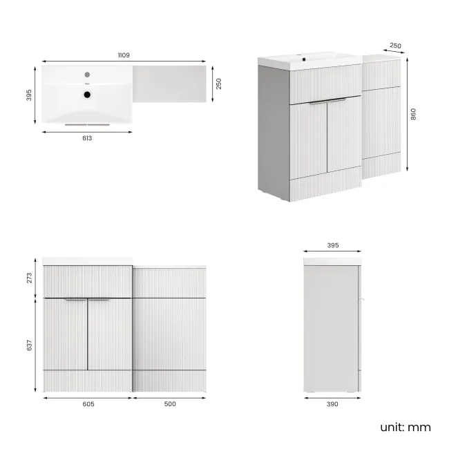 Havana Fluted Coastal White Basin Vanity and Toilet Unit 1100mm (No Toilet) - Chrome Handles