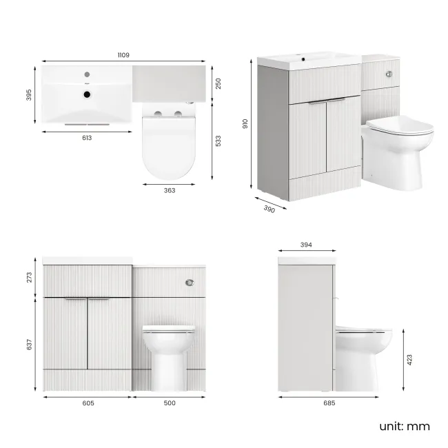 Havana Fluted Coastal White Combination Vanity Basin and Aruba Toilet 1100mm - Chrome Handles