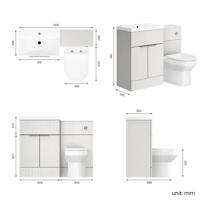 Havana Fluted Coastal White Combination Vanity Basin and Miami Toilet 1100mm - Chrome Handles