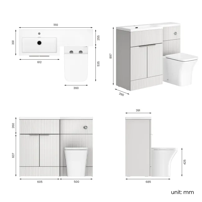Havana Fluted Coastal White Vanity Basin and Houston Toilet 1100mm - Chrome Handles - Left Handed