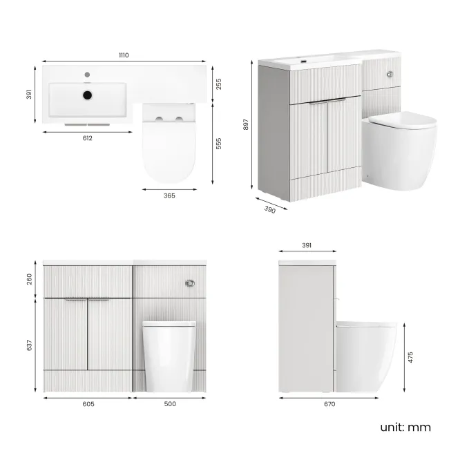 Havana Fluted Coastal White Vanity Basin and Utah Comfort Toilet 1100mm Chrome Handles - Left