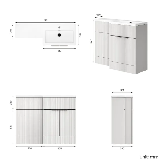 Havana Fluted Coastal White Basin Vanity and Toilet Unit 1100mm (No Toilet) Chrome Handles - Right