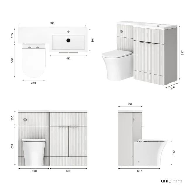 Havana Fluted Coastal White Vanity Basin and Tucson Toilet 1100mm - Chrome Handles - Right Handed