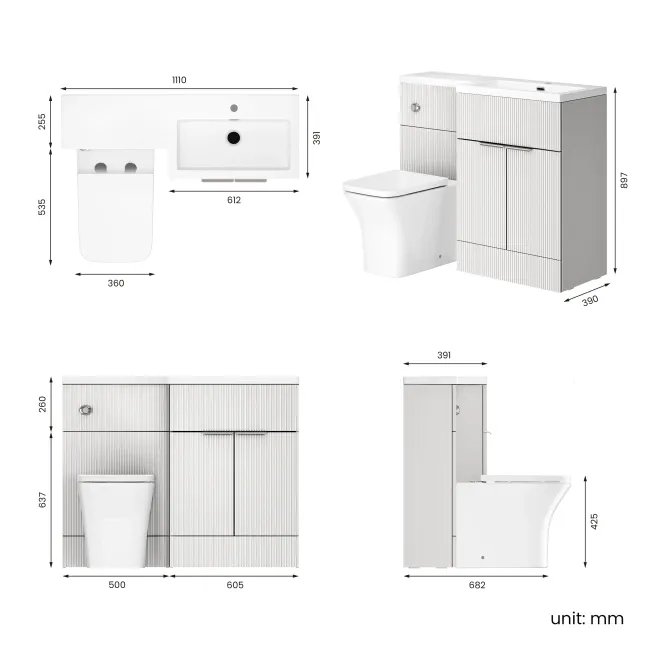 Havana Fluted Coastal White Vanity Basin and Houston Toilet 1100mm - Chrome Handles - Right Handed