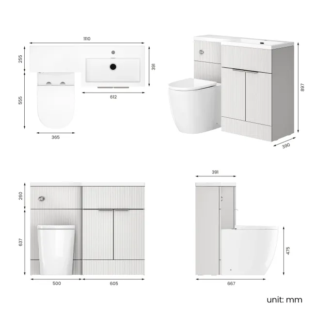 Havana Fluted Coastal White Vanity Basin and Utah Comfort Toilet 1100mm Chrome Handles - Right
