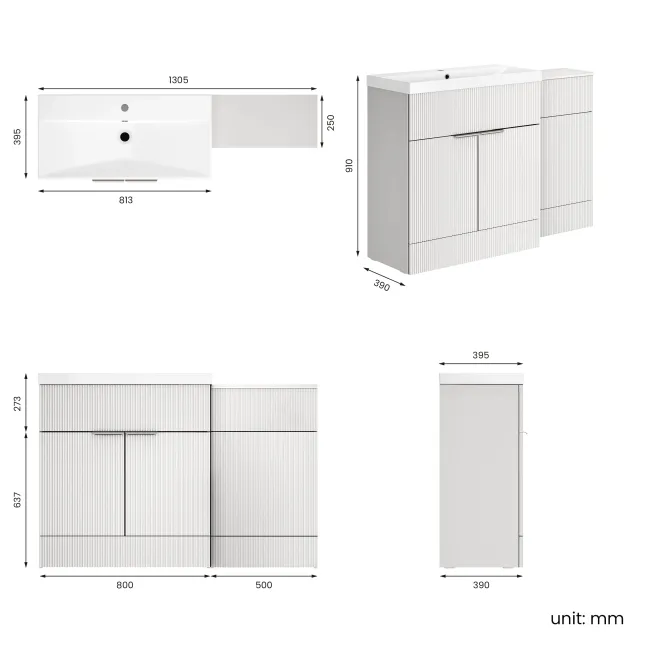 Havana Fluted Coastal White Basin Vanity and Toilet Unit 1300mm (No Toilet) - Chrome Handles