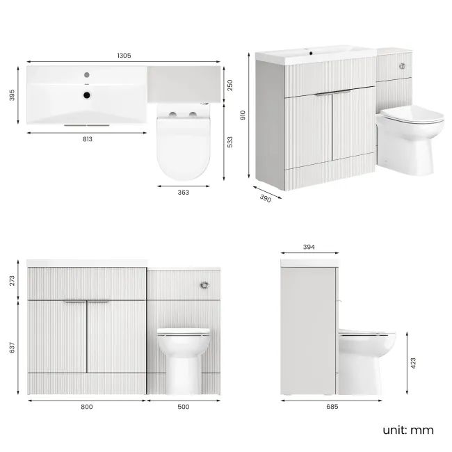 Havana Fluted Coastal White Combination Vanity Basin and Aruba Toilet 1300mm - Chrome Handles