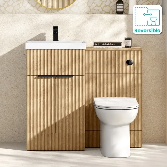 Havana Fluted Country Oak Combination Vanity Basin and Aruba Toilet 1000mm - Black Accents