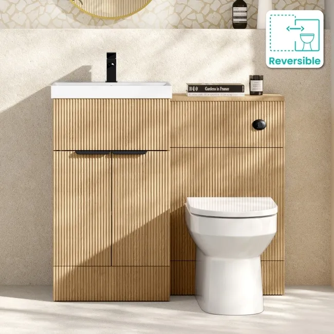 Havana Fluted Country Oak Combination Vanity Basin and Miami Toilet 1000mm - Black Accents