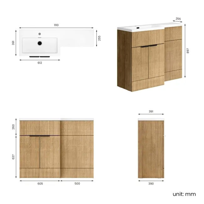 Havana Fluted Country Oak Basin Vanity and Toilet Unit 1100mm (No Toilet) - Black Accents - Left
