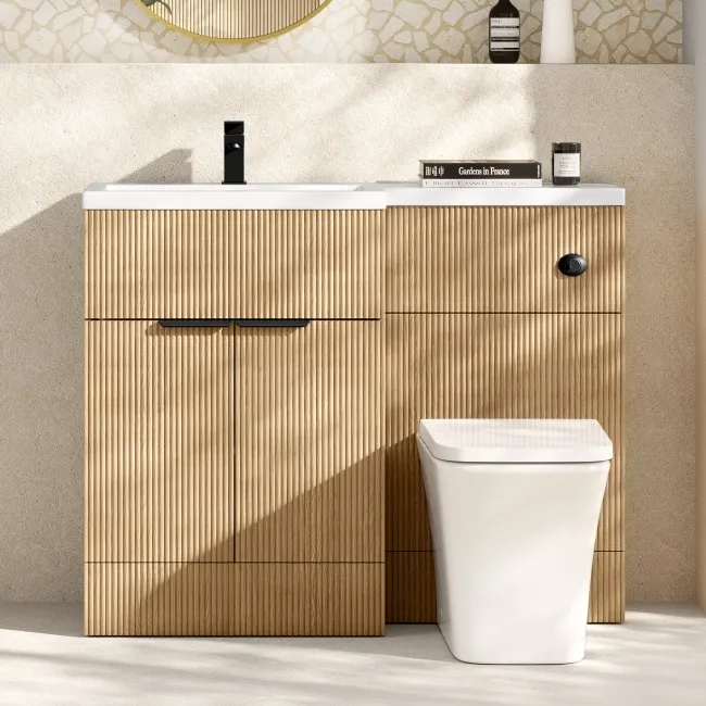 Havana Fluted Country Oak Vanity Basin and Houston Toilet 1100mm - Black Accents - Left Handed