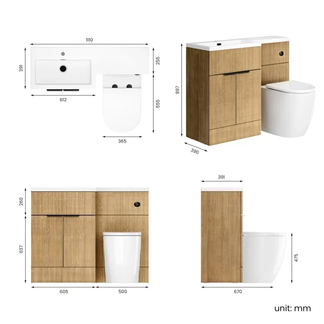 Havana Fluted Country Oak Vanity Basin and Utah Comfort Height Toilet 1100mm - Black Accents - Left