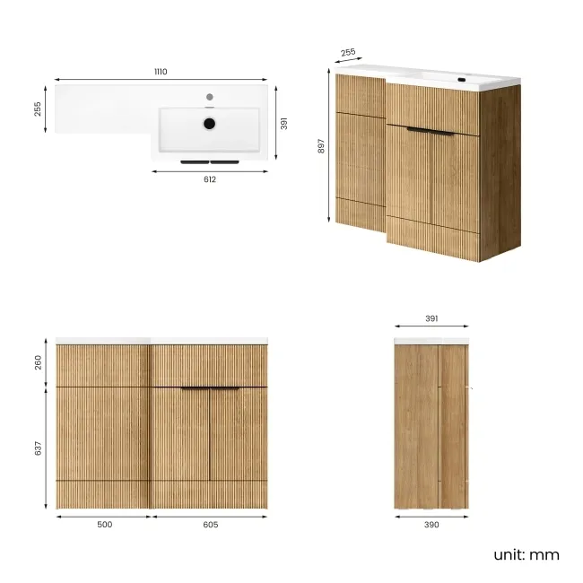 Havana Fluted Country Oak Basin Vanity and Toilet Unit 1100mm (No Toilet) - Black Accents - Right
