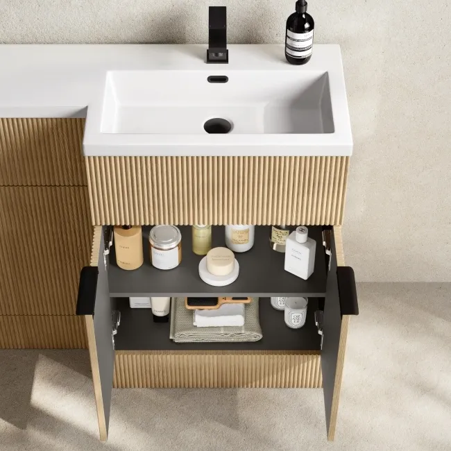Havana Fluted Country Oak Vanity Basin and Tucson Toilet 1100mm - Black Accents - Right Handed