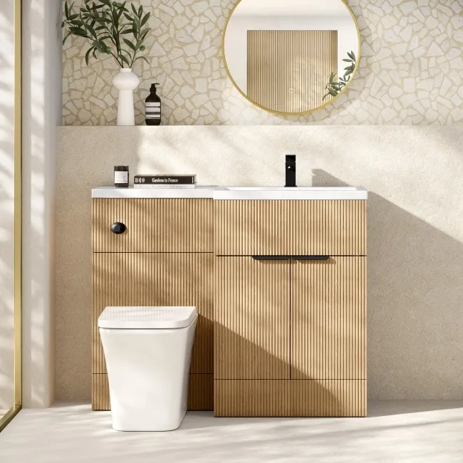 Havana Fluted Country Oak Vanity Basin and Houston Toilet 1100mm - Black Accents - Right Handed
