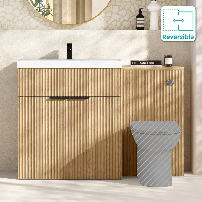 Havana Fluted Country Oak Basin Vanity and Toilet Unit 1300mm (No Toilet) - Black Accents