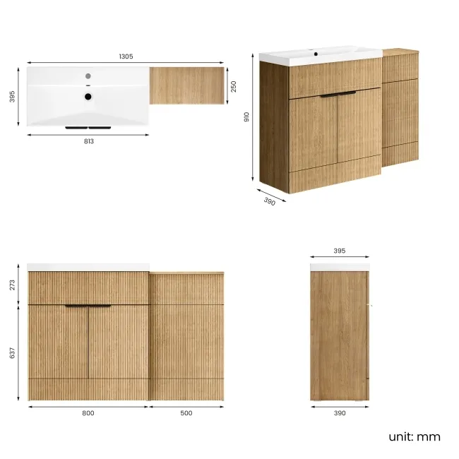 Havana Fluted Country Oak Basin Vanity and Toilet Unit 1300mm (No Toilet) - Black Accents