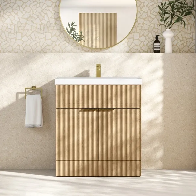 Havana Fluted Country Oak Basin Vanity 800mm - Brushed Brass Accents