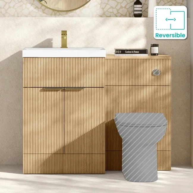 Havana Fluted Country Oak Basin Vanity and Toilet Unit 1100mm (No Toilet) - Brushed Brass Accents