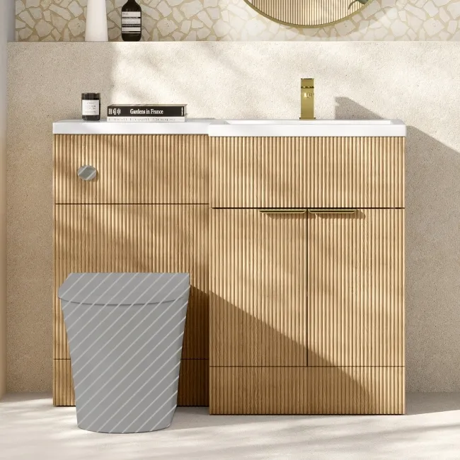 Havana Fluted Country Oak Basin Vanity and Toilet Unit 1100mm (No Toilet) - Brass Accents - Right