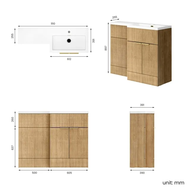 Havana Fluted Country Oak Basin Vanity and Toilet Unit 1100mm (No Toilet) - Brass Accents - Right