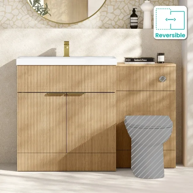 Havana Fluted Country Oak Basin Vanity and Toilet Unit 1300mm (No Toilet) - Brass Accents