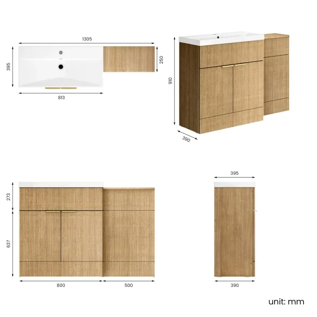 Havana Fluted Country Oak Basin Vanity and Toilet Unit 1300mm (No Toilet) - Brass Accents
