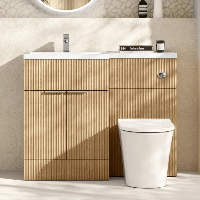 Havana Fluted Country Oak Vanity Basin and Tucson Toilet 1100mm - Chrome Handles - Left Handed
