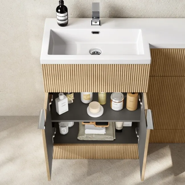Havana Fluted Country Oak Vanity Basin and Tucson Toilet 1100mm - Chrome Handles - Left Handed