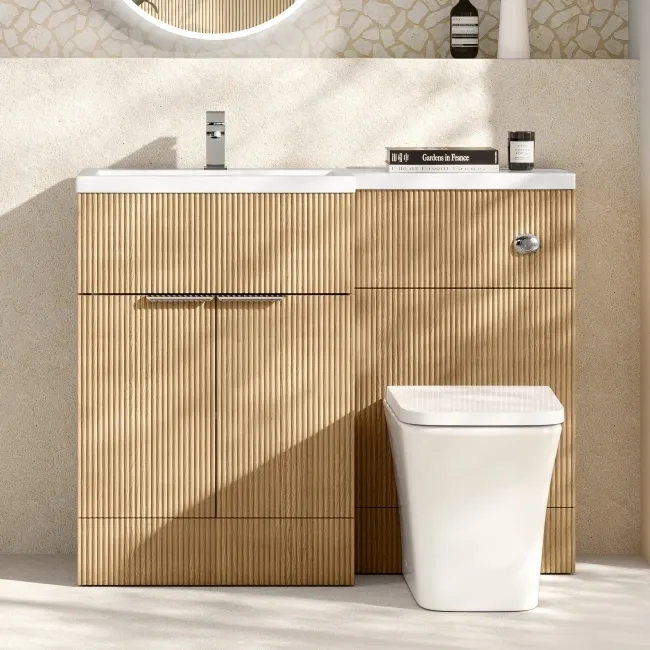 Havana Fluted Country Oak Vanity Basin and Houston Toilet 1100mm - Chrome Handles - Left Handed