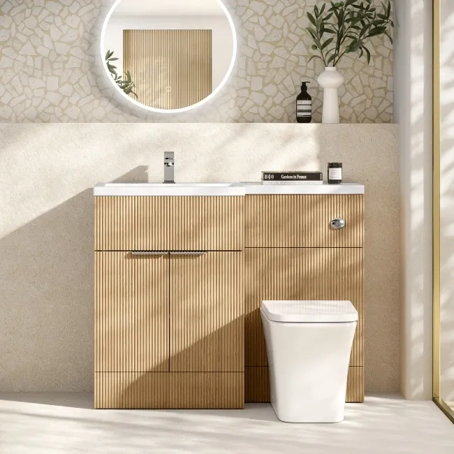 Havana Fluted Country Oak Vanity Basin and Houston Toilet 1100mm - Chrome Handles - Left Handed