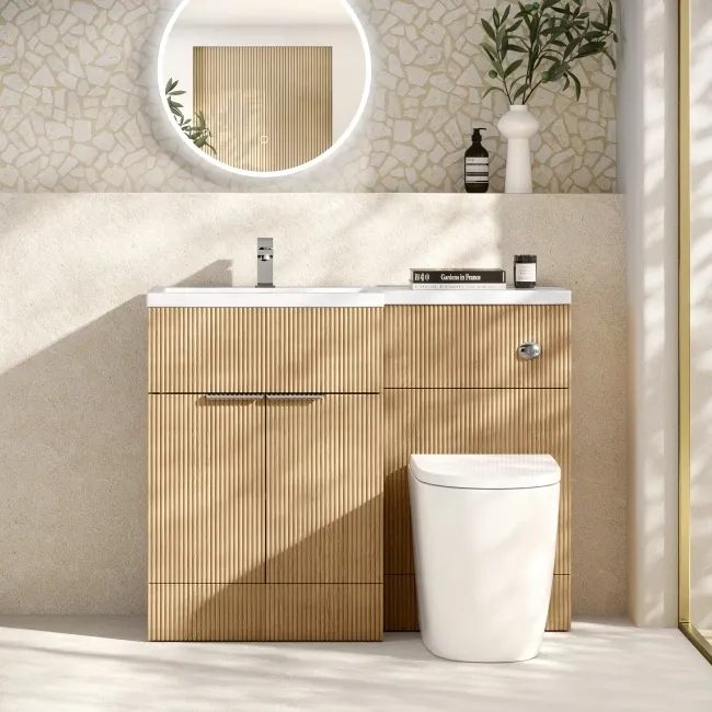 Havana Fluted Country Oak Vanity Basin and Utah Comfort Height Toilet 1100mm Chrome Handles - Left