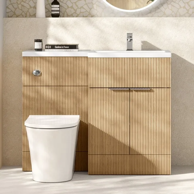 Havana Fluted Country Oak Vanity Basin and Tucson Toilet 1100mm - Chrome Handles - Right Handed