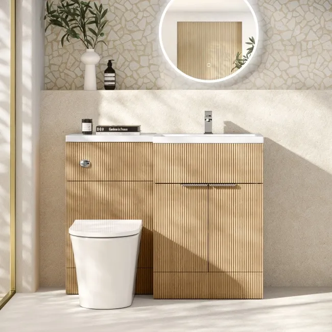 Havana Fluted Country Oak Vanity Basin and Tucson Toilet 1100mm - Chrome Handles - Right Handed