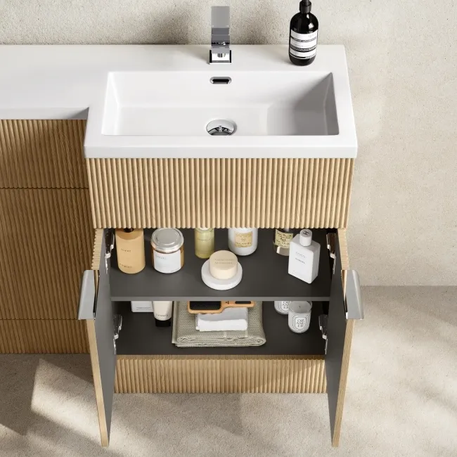 Havana Fluted Country Oak Vanity Basin and Tucson Toilet 1100mm - Chrome Handles - Right Handed