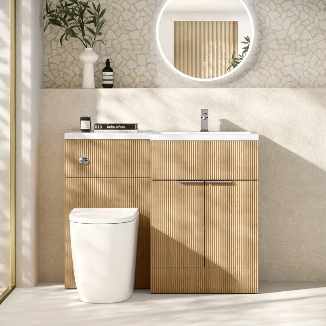 Havana Fluted Country Oak Vanity Basin and Utah Comfort Height Toilet 1100mm Chrome Handles - Right