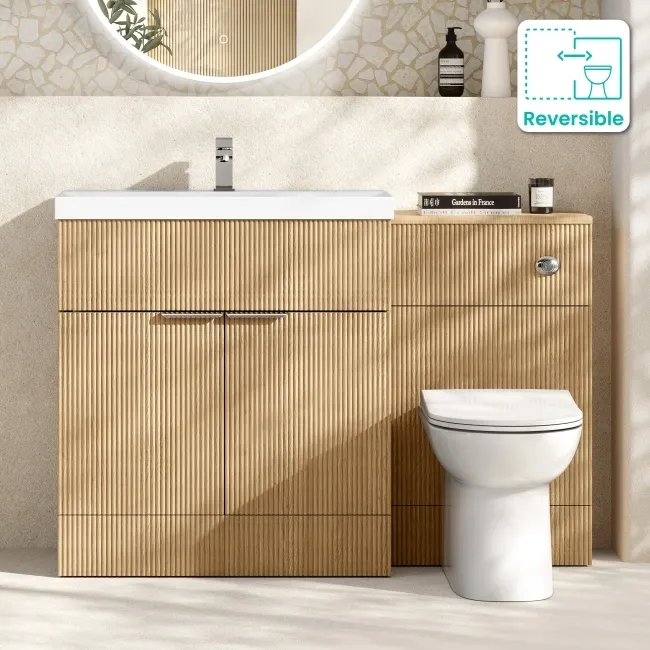 Havana Fluted Country Oak Combination Vanity Basin and Aruba Toilet 1300mm - Chrome Handles