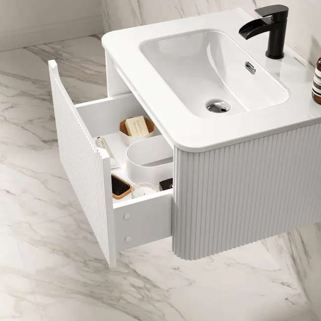 Sorrento Fluted Coastal White Wall Hung Basin Drawer Vanity 600mm
