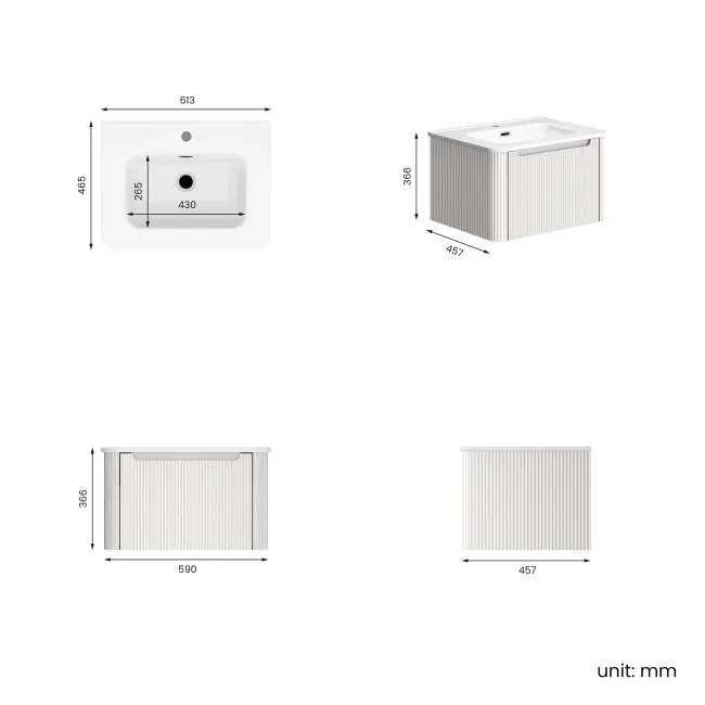Sorrento Fluted Coastal White Wall Hung Basin Drawer Vanity 600mm