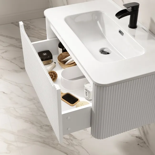 Sorrento Fluted Coastal White Wall Hung Basin Drawer Vanity 800mm