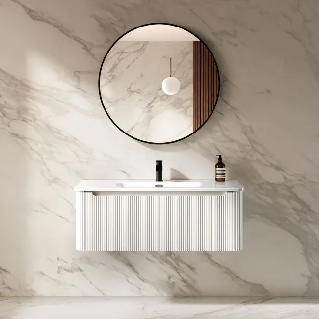Sorrento Fluted Coastal White Wall Hung Basin Drawer Vanity 1000mm