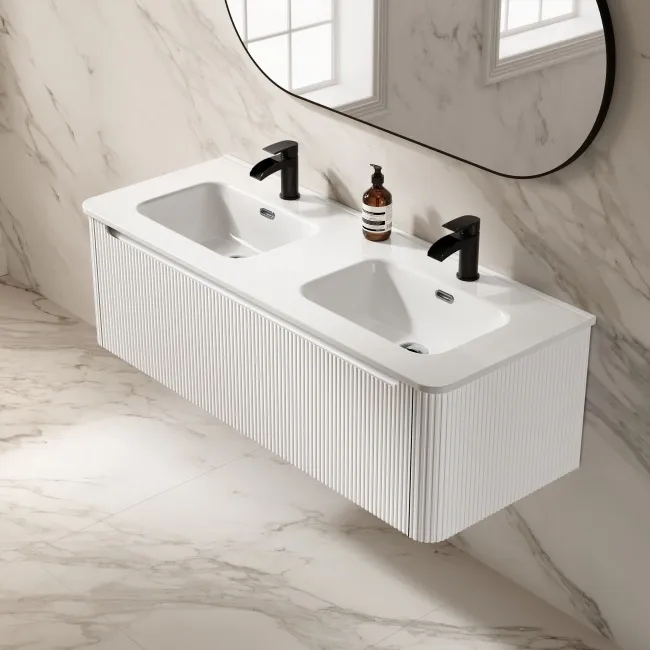 Sorrento Fluted Coastal White Wall Hung Double Basin Drawer Vanity 1200mm