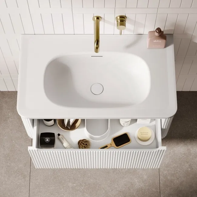 Sorrento Fluted Coastal White Wall Hung Drawer Vanity with Matt White Basin 800mm