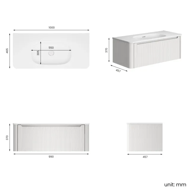 Sorrento Fluted Coastal White Wall Hung Drawer Vanity with Matt White Basin 1000mm