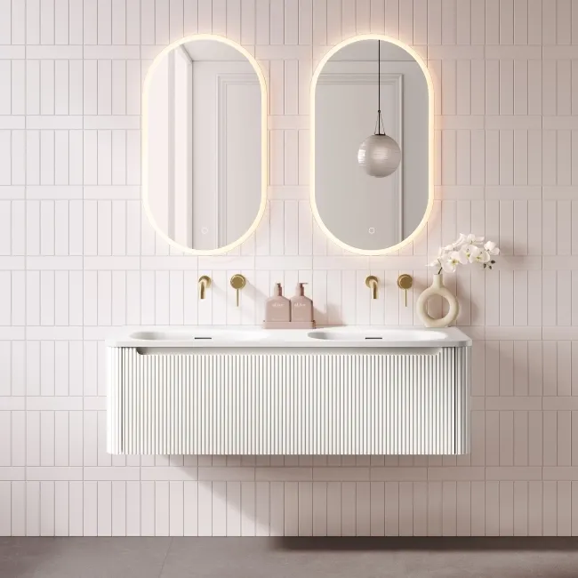 Sorrento Fluted Coastal White Wall Hung Drawer Vanity with Matt White Double Basin 1200mm