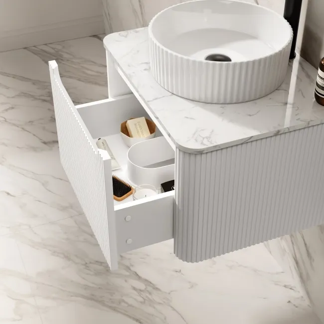 Sorrento Fluted Coastal White Wall Hung Drawer Vanity with Marble Top & Nevis Basin 600mm