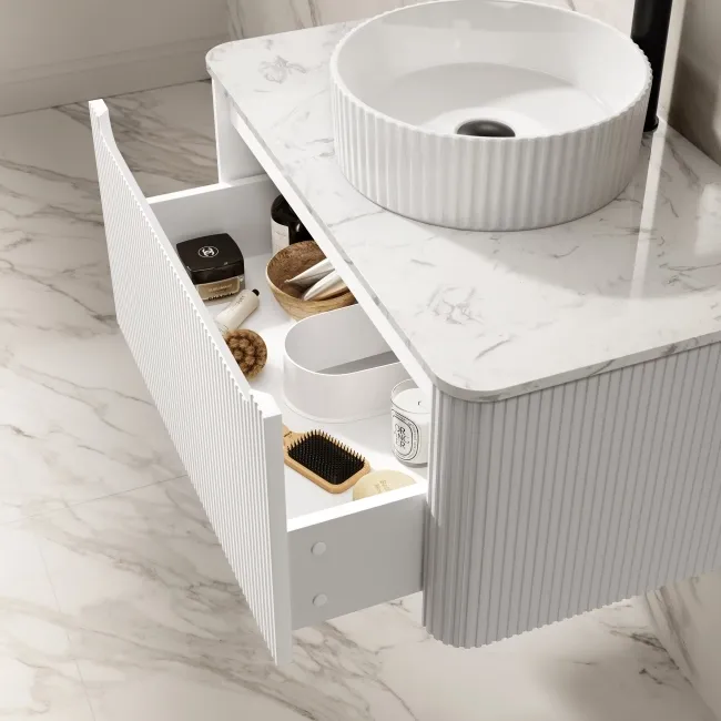 Sorrento Fluted Coastal White Wall Hung Drawer Vanity with Marble Top & Nevis Basin 800mm
