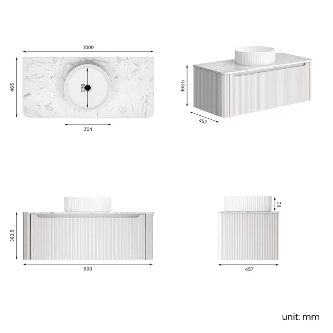 Sorrento Fluted Coastal White Wall Hung Drawer Vanity with Marble Top & Nevis Basin 1000mm