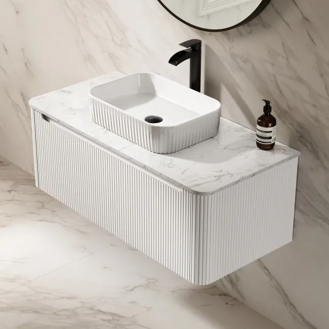 Sorrento Fluted Coastal White Wall Hung Drawer Vanity with Marble Top & Reno Basin 1000mm