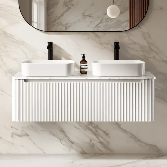 Sorrento Fluted Coastal White Double Wall Hung Drawer Vanity with Marble Top & Marin Basin 1200mm